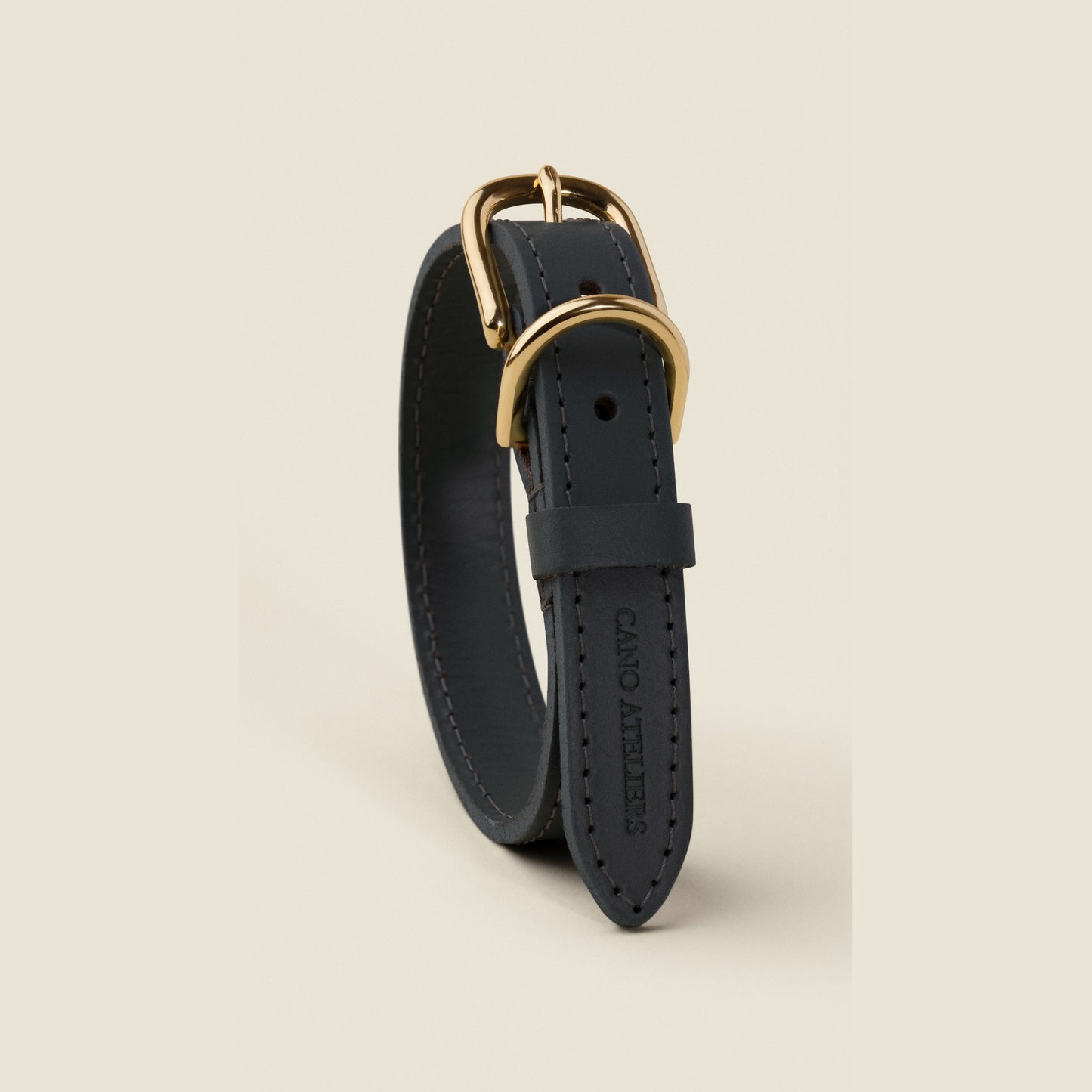 Stone black leather dog collar with gold hardware by Cano Ateliers