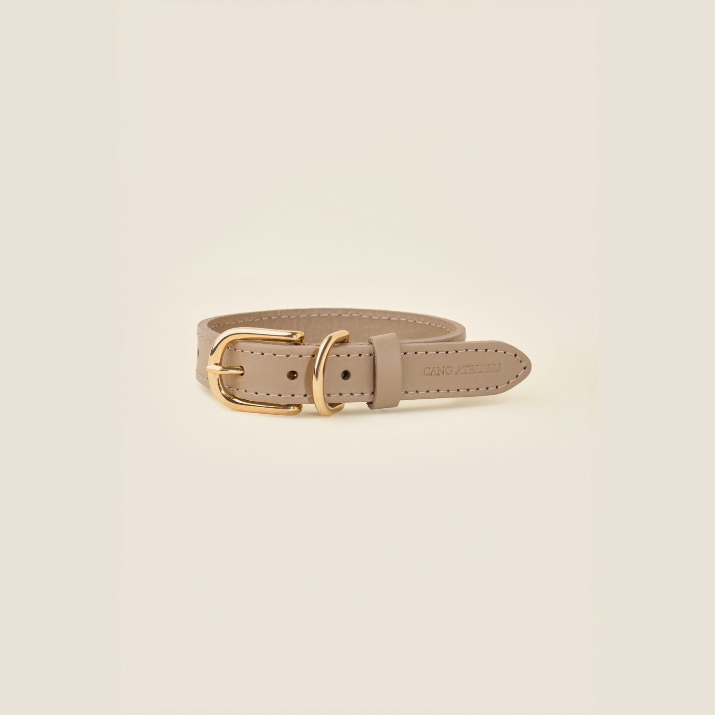 Stone taupe leather dog collar with gold hardware by Cano Ateliers
