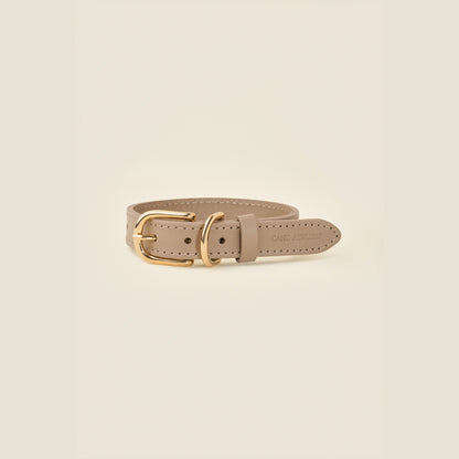 Stone taupe leather dog collar with gold hardware by Cano Ateliers