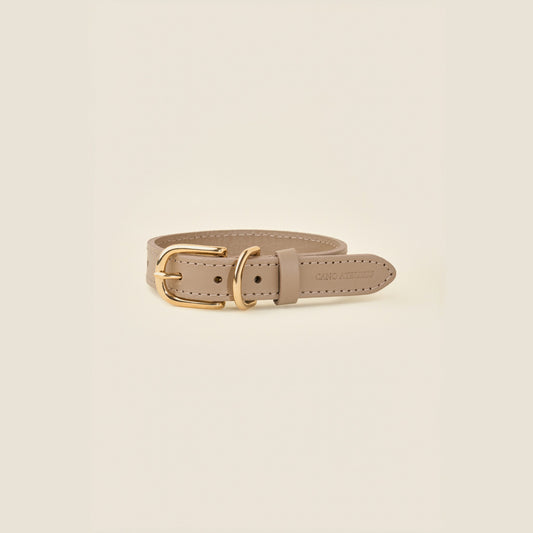 Stone taupe leather dog collar with gold hardware by Cano Ateliers