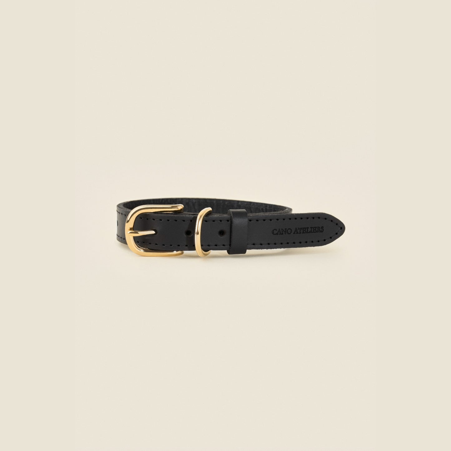 Stone black leather dog collar with gold hardware by Cano Ateliers