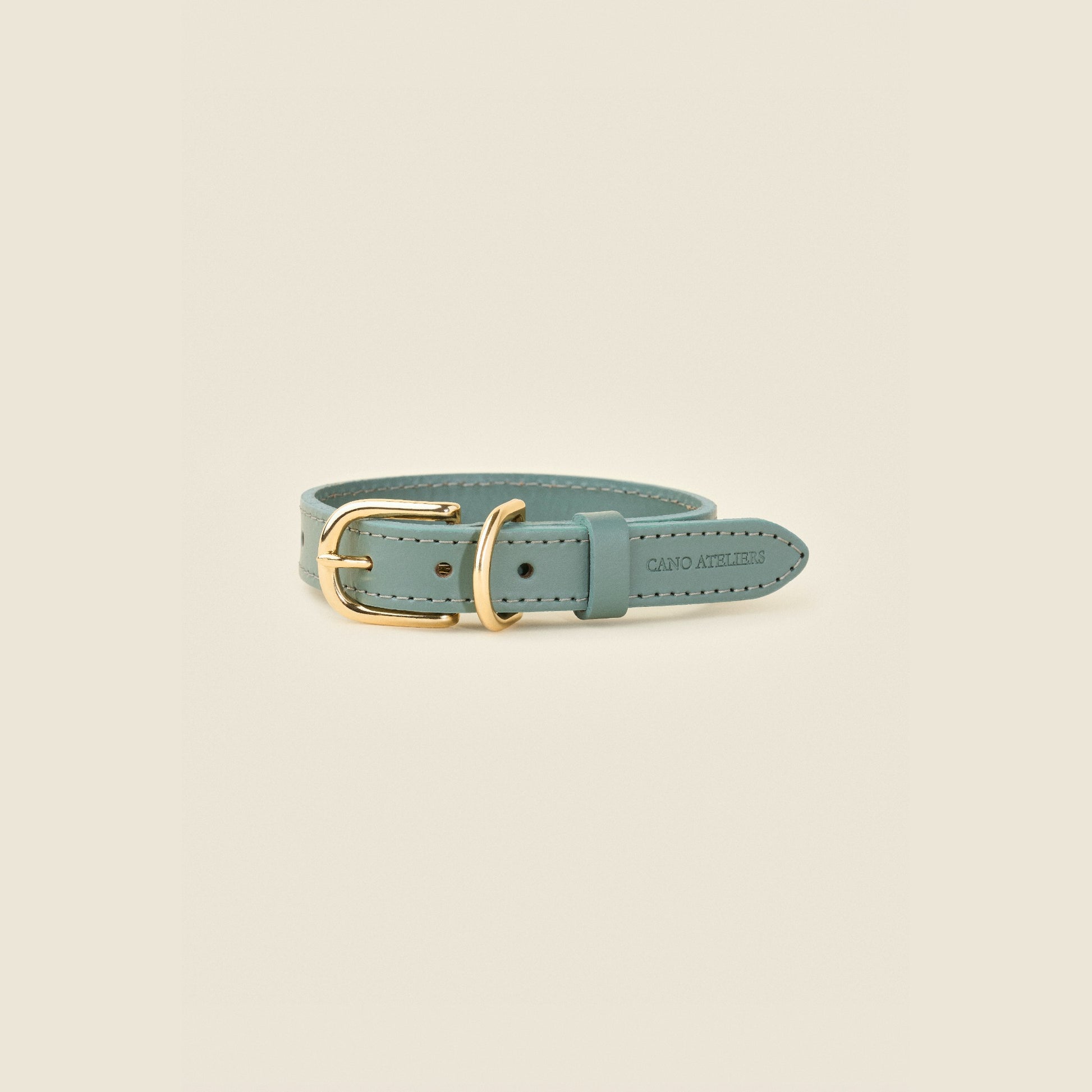 Stone blue leather dog collar with gold hardware by Cano Ateliers