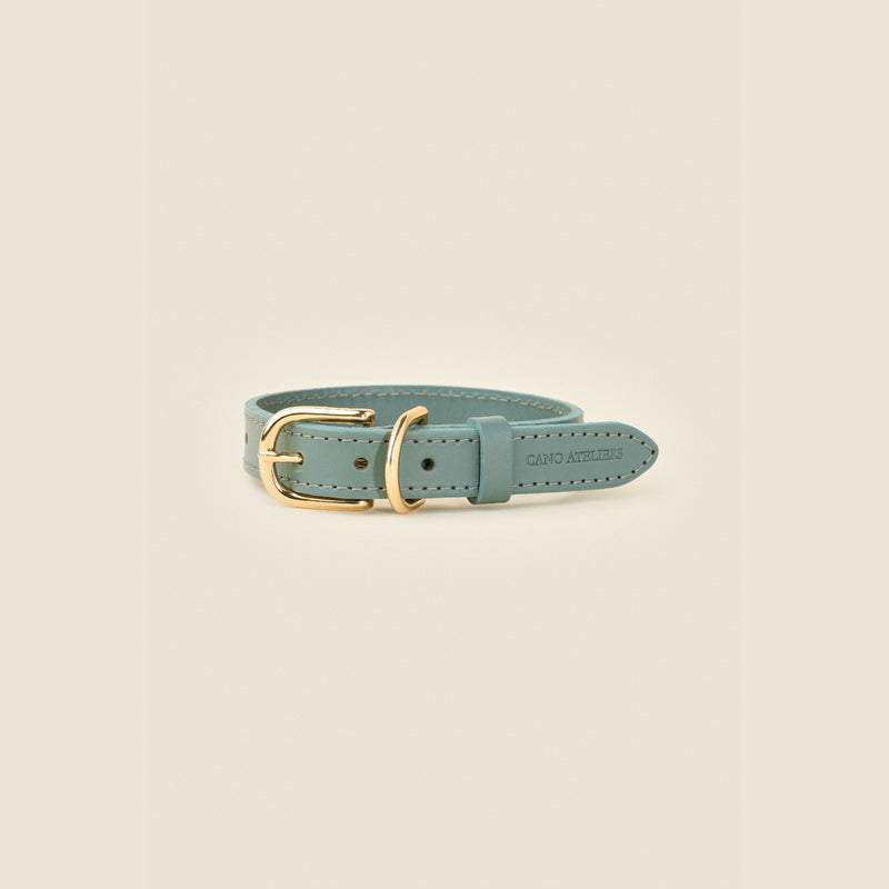 Stone blue leather dog collar with gold hardware by Cano Ateliers