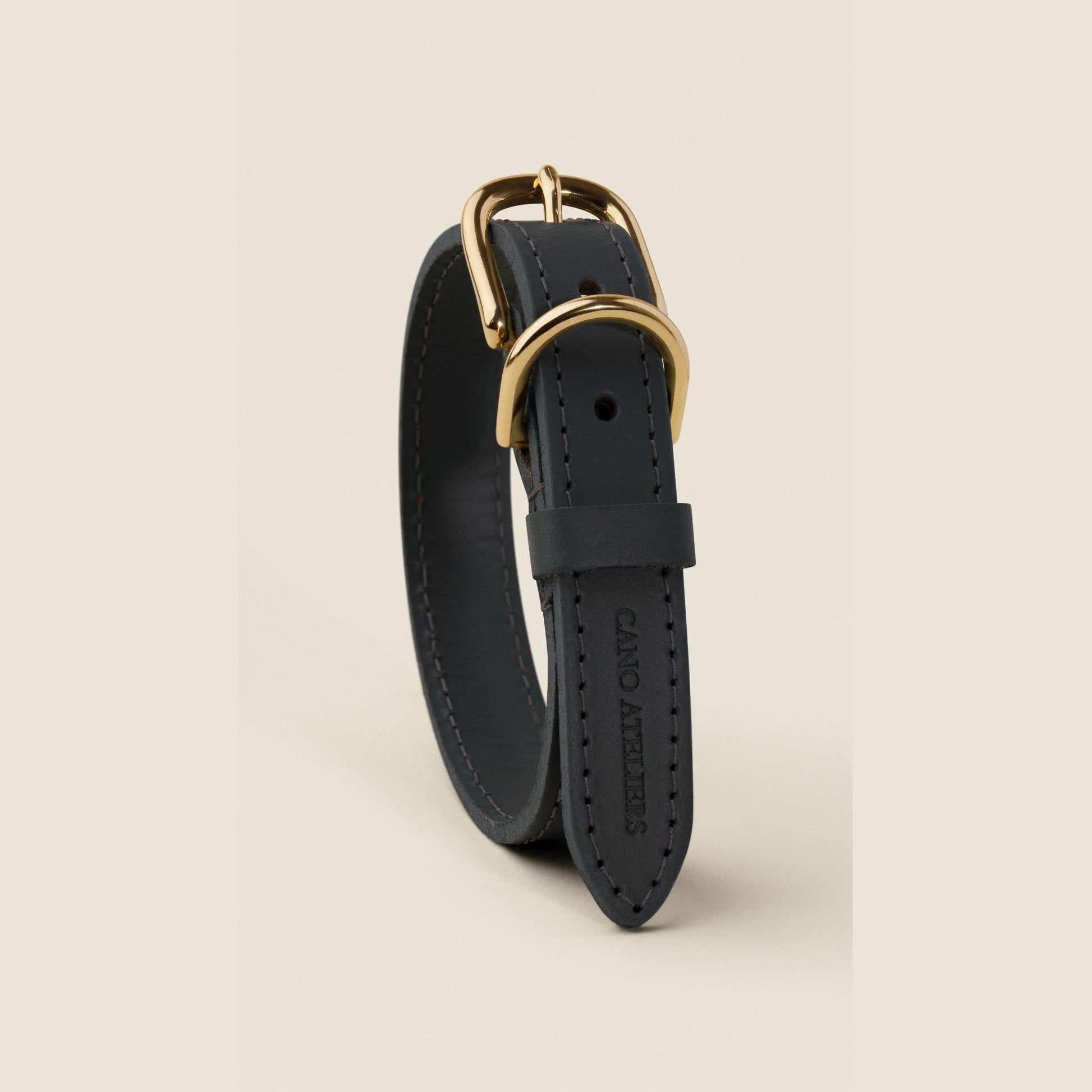 Stone black leather dog collar with gold hardware by Cano Ateliers