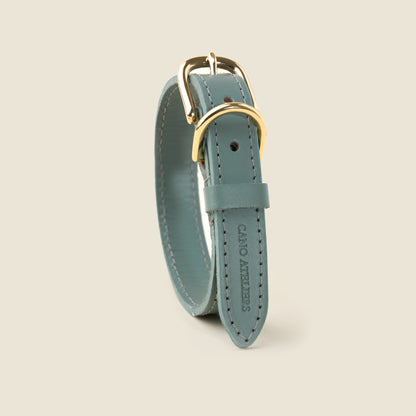 Stone blue leather dog collar with gold hardware by Cano Ateliers