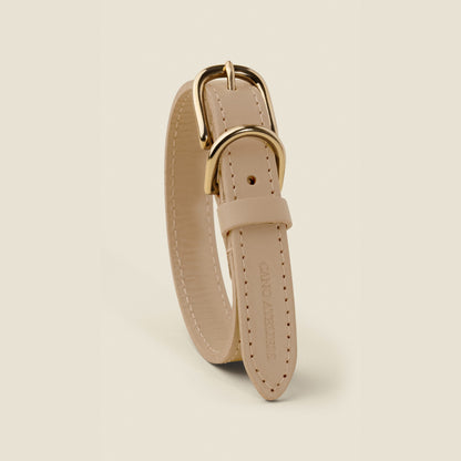 Stone taupe leather dog collar with gold hardware by Cano Ateliers