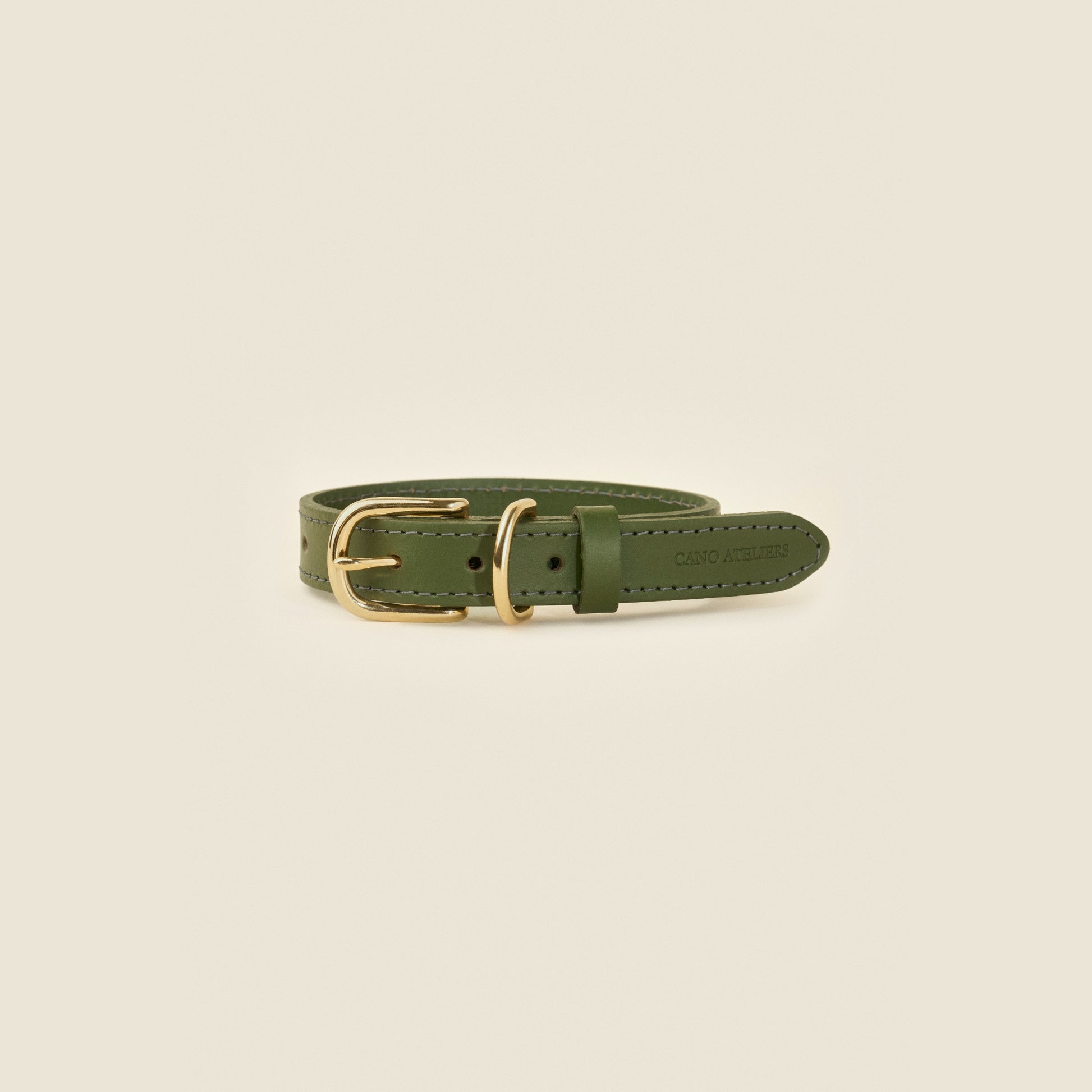 Stone green leather dog collar with gold hardware by Cano Ateliers