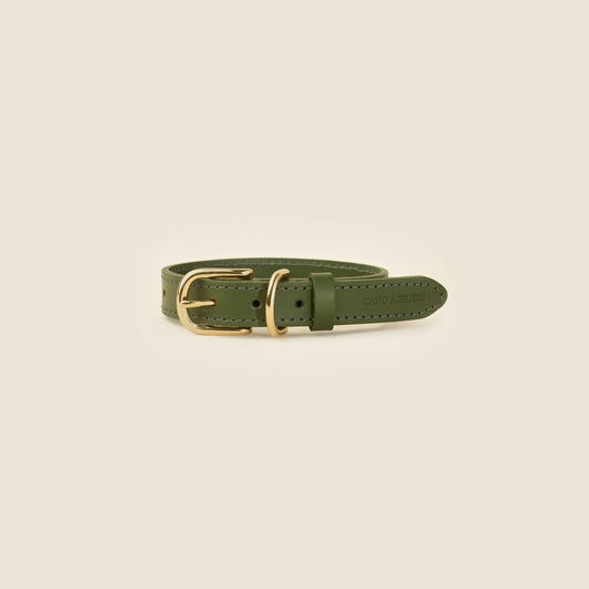 Stone green leather dog collar with gold hardware by Cano Ateliers