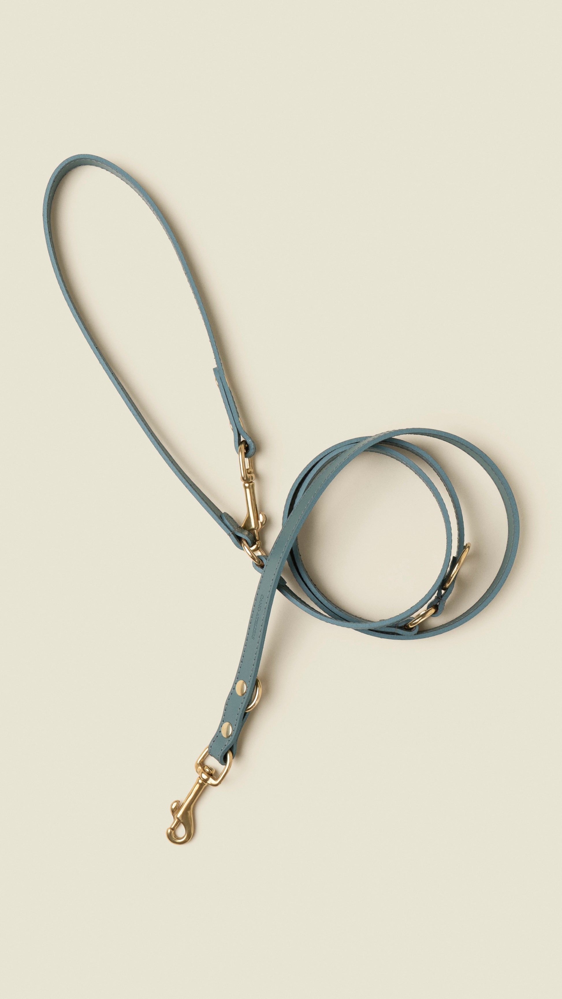 Adjustable blue leather dog leash with gold hardware by Cano Ateliers
