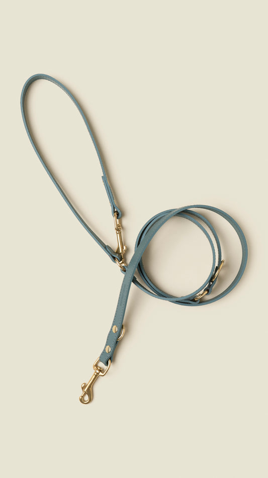 Adjustable blue leather dog leash with gold hardware by Cano Ateliers