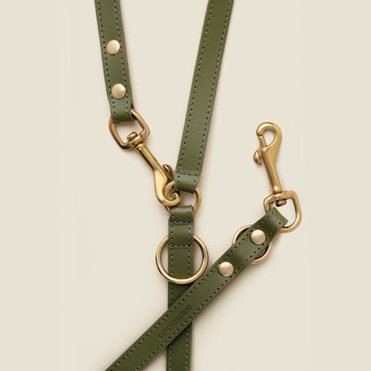 Adjustable green leather dog leash with gold hardware by Cano Ateliers