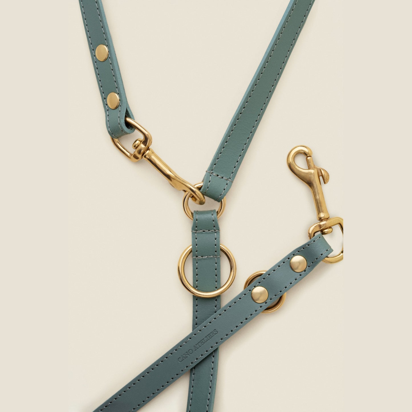 Adjustable blue leather dog leash with gold hardware by Cano Ateliers