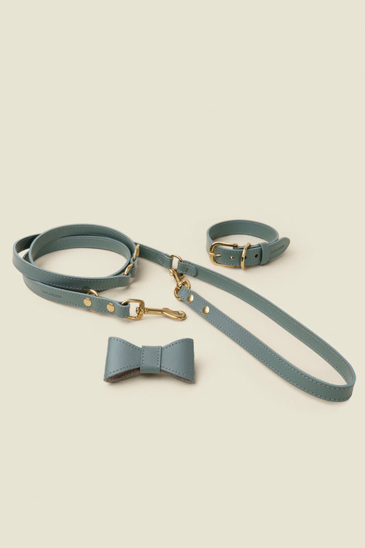Matching blue leather dog collar, leash and bowtie set by Cano Ateliers